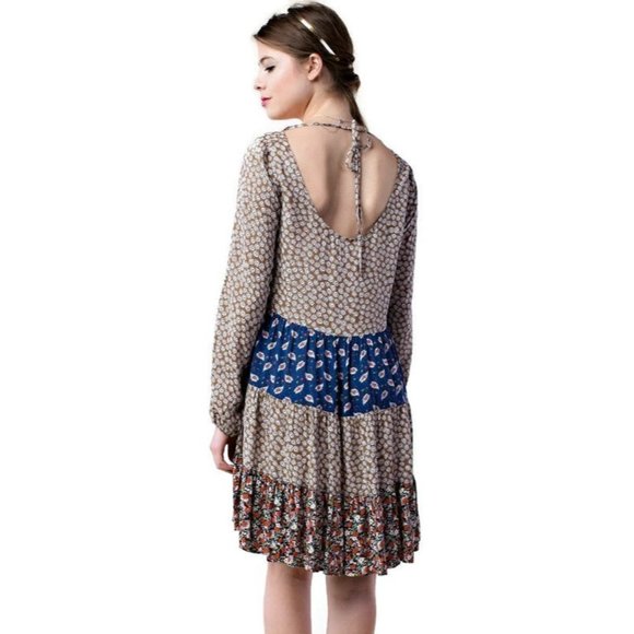 Kori America Mixed Print Tie Back Dress, Taupe - Picture 3 of 4